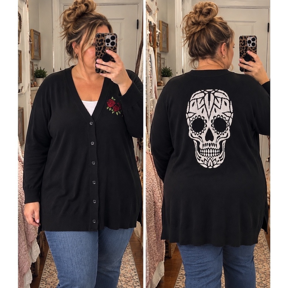 Torrid Boyfriend Cardigan Sweater 3X Black Sugar Skull Rose Embroidered